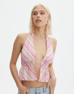 Printed Split Front Open Back Ruched Top 19 Printed Split Front Open Back Ruched Top -Everrastyle Shop ainsley apron blouse guava stripe detail bv108528prt