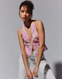 Printed Lace Trim Cami Top -Everrastyle Shop ainsley apron blouse guava stripe front bv108528prt 3