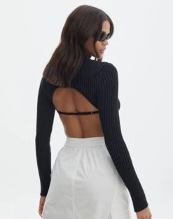 Cropped High Neck Backless Long Sleeve Knit Top -Everrastyle Shop bearman backless funnel top black back kl111146knt