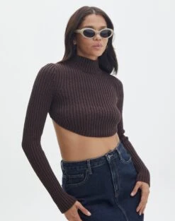 Cropped High Neck Backless Long Sleeve Knit Top -Everrastyle Shop bearman backless funnel top its soy cute front kl111146knt