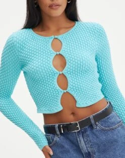 Bubble Stitch Long Sleeve Button Up Top -Everrastyle Shop bobby bubble stitch cardi aqua siren imageback kc106197knt