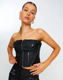 Faux Leather Biker Zip Corset -Everrastyle Shop bonnie biker corset black detail bv101361pu
