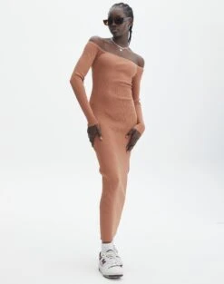 Ribbed Off Shoulder Long Sleeve Maxi Dress -Everrastyle Shop boston bardot knit dress slice of cake full kd109828rib