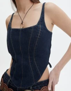 Tie Back Denim Square Neck Corset Bustier 29 Tie Back Denim Square Neck Corset Bustier -Everrastyle Shop co arizona denim corset last rodeo indigo imageback bv102322rdnm