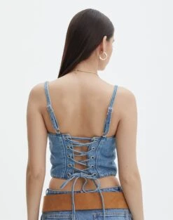 Tie Back Denim Square Neck Corset Bustier 24 Tie Back Denim Square Neck Corset Bustier -Everrastyle Shop co arizona denim corset riley vintage wash back bv102322rdnm
