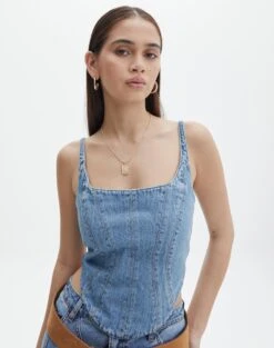 Tie Back Denim Square Neck Corset Bustier