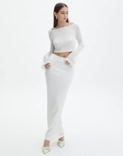 Ribbed Knit Button Side Maxi Skirt -Everrastyle Shop co brylee mesh maxi skirt white front sl122854msh