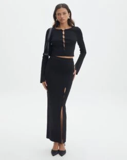 Ribbed Knit Button Side Maxi Skirt -Everrastyle Shop co darby button down knit midi skirt black front sl109336knt