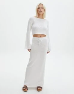 Off Shoulder Flare Long Sleeve Knit -Everrastyle Shop co lardee knit tie waist maxi white front sl47099knt 1
