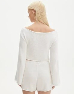 Off Shoulder Flare Long Sleeve Knit -Everrastyle Shop co lardee knit top white back kl127172cot