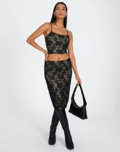 Lace Midi Slip Skirt -Everrastyle Shop co lorna lace midi skirt blacknude front sl108106lac