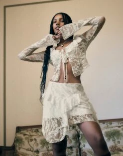 Tie Front Lace Frill Blouse -Everrastyle Shop co lotus mini skirt bad to the bone front ss116576lac