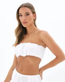 Muslin Ruched Bandeau Top -Everrastyle Shop co mimi blouse white detail bv90902omus