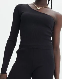 Knit One Shoulder Long Sleeve Top -Everrastyle Shop co odus one shoulder knit black imageback kl94384vn