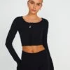 Button Up Cropped Long Sleeve Top -Everrastyle Shop co peony longsleeve black front tc93716cot 2
