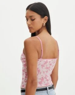 Floral Print Mesh Lettuce Trim Cropped Cami -Everrastyle Shop co sabrina burnout mesh cami baby doll burnout back tv54660rbo