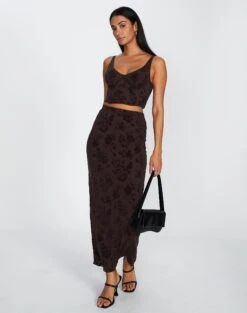 Burnout Mesh Lettuce Trim Midi Skirt