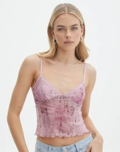 Print Mesh Lettuce Trim Cropped Cami -Everrastyle Shop co sabrina mesh cami baby doll script front tv54660rprt 3