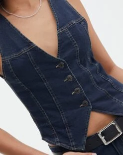 Denim V Neck Waistcoat 25 Denim V Neck Waistcoat -Everrastyle Shop dina denim waistcoat last rodeo indigo imageback bv99446dnm