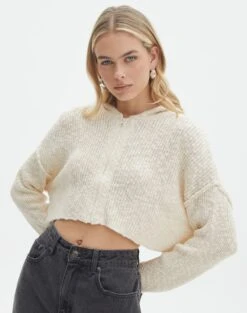 Zip Up Knit Cropped Hoodie