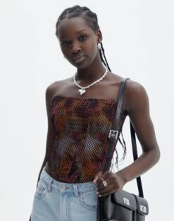 Floral Print Mesh Lettuce Trim Cropped Cami -Everrastyle Shop freya fishnet corset fuschia clash front tv104708fcc 1