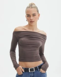 Ruched Off The Shoulder Top -Everrastyle Shop genie ruched off the shoulder top irish coffee front tl124186vis