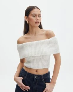 Foldover Off Shoulder Cropped Knit