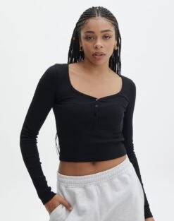 Long Sleeve Button Scoop Neck Top -Everrastyle Shop harrison henley longsleeve black front tl114637ocot 1