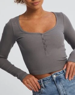 Long Sleeve Button Scoop Neck Top -Everrastyle Shop harrison henley longsleeve keep your coal imageback tl114637ocot