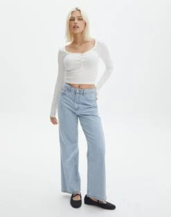 Long Sleeve Button Scoop Neck Top -Everrastyle Shop harrison henley longsleeve milk full tl114637ocot