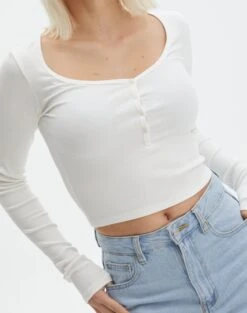 Long Sleeve Button Scoop Neck Top -Everrastyle Shop harrison henley longsleeve milk imageback tl114637ocot