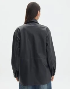 Double Pocket Oversized Faux Leather Shacket -Everrastyle Shop jezza pu shacket black back jw91640pu