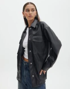 Double Pocket Oversized Faux Leather Shacket