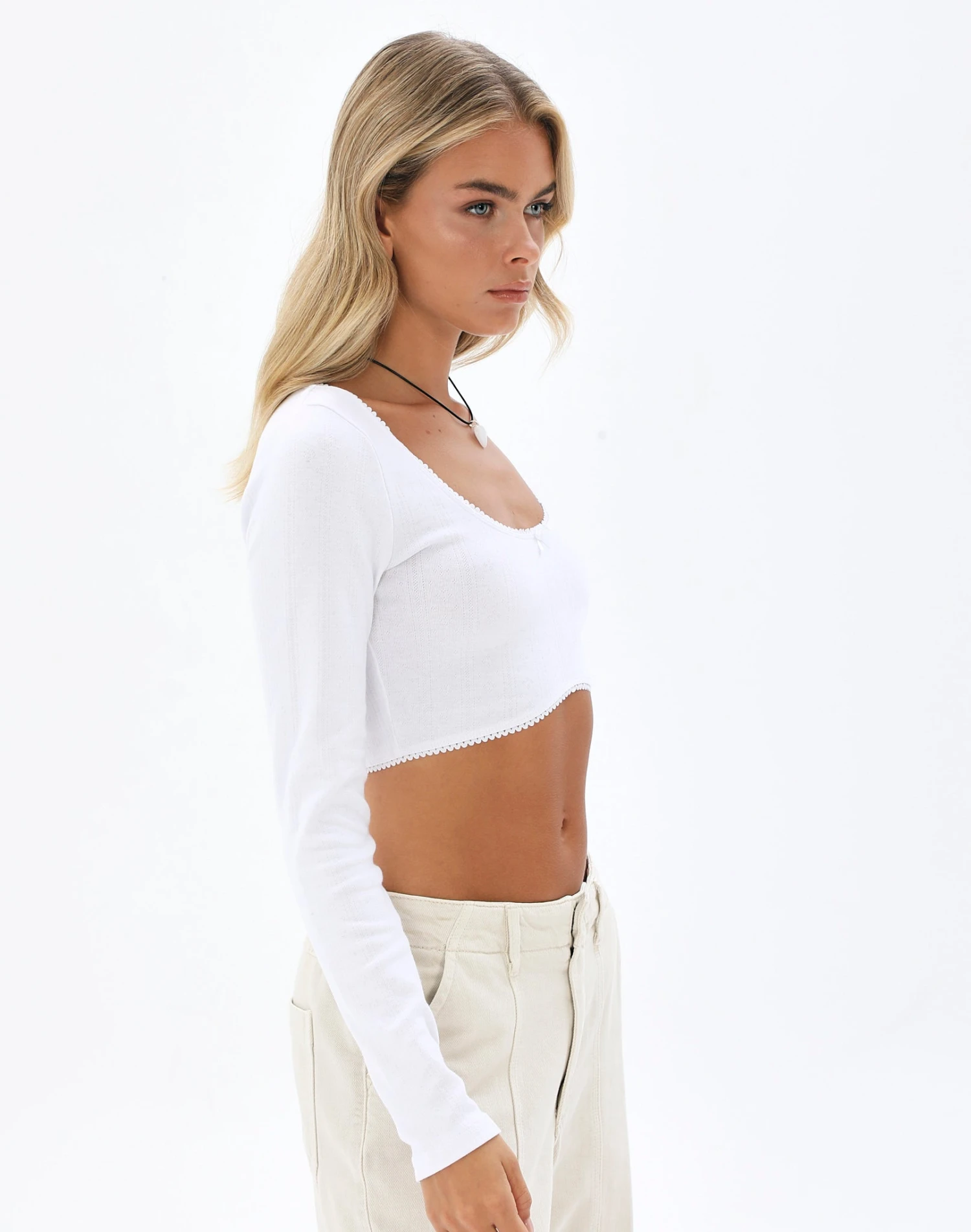 Pointelle Curve Hem Cropped Long Sleeve Top 5 Pointelle Curve Hem Cropped Long Sleeve Top - Image 3