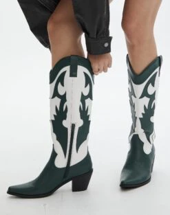 Western Two Tone Faux Leather Embossed Boot 25 Western Two Tone Faux Leather Embossed Boot -Everrastyle Shop lola cowboy boot greenwhite front sh53399tt 3