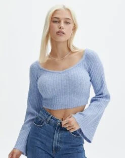 Off Shoulder Long Sleeve Cropped Knit -Everrastyle Shop mariah v neck rib top icecap front kl98427rrec 1