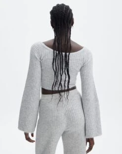 Off Shoulder Long Sleeve Cropped Knit -Everrastyle Shop mariah v neck rib top pale grey marle back kl98427rrec