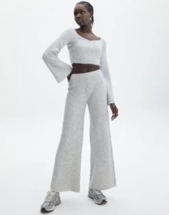 Off Shoulder Long Sleeve Cropped Knit -Everrastyle Shop mariah v neck rib top pale grey marle full kl98427rrec