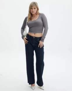 Scoop Neck Long Sleeve Crop Top -Everrastyle Shop mylie wide rib scoop keep your coal full tl111290vis