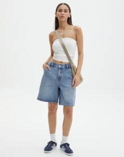 Denim Halter Top -Everrastyle Shop nate longline denim short riley vintage wash front sw127903rdnm 3