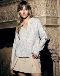 Long Sleeve Collared Knit 27 Long Sleeve Collared Knit -Everrastyle Shop obisanya open neck pale grey marle front kl78685rpol