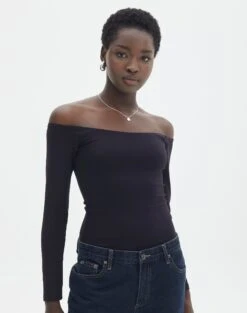 Denim Maxi Skirt -Everrastyle Shop olive off the shoulder bodysuit longsleeve black front tb97721pch 1