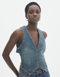 Denim V Neck Waistcoat 37 Denim V Neck Waistcoat -Everrastyle Shop omar open back wasitcoat coyote blue front bv129462dnm