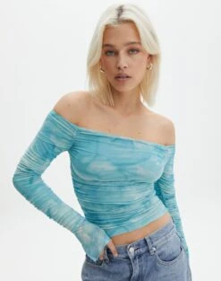 Ruched Print Mesh Off The Shoulder Top -Everrastyle Shop oreo off the shoulder top aqua tie dye front tl124256rprt