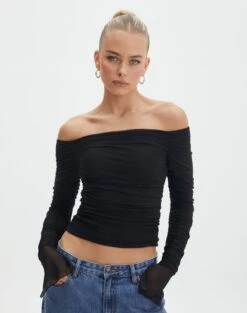 Ruched Mesh Off The Shoulder Top