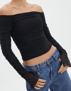 Ruched Mesh Off The Shoulder Top -Everrastyle Shop oreo off the shoulder top black imageback tl124256rmsh