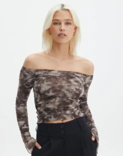 Ruched Print Mesh Off The Shoulder Top