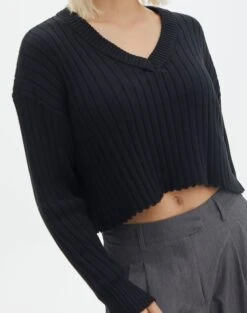 V-Neck Drop Shoulder Knit Jumper -Everrastyle Shop paige preppy v neck black imageback kl90519oca