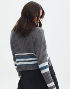 V-Neck Drop Shoulder Varsity Knit Jumper -Everrastyle Shop paige preppy v neck coal stripe back kl90519ostp
