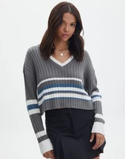 Print Knit V Neck Jumper -Everrastyle Shop paige preppy v neck coal stripe front kl90519ostp 1